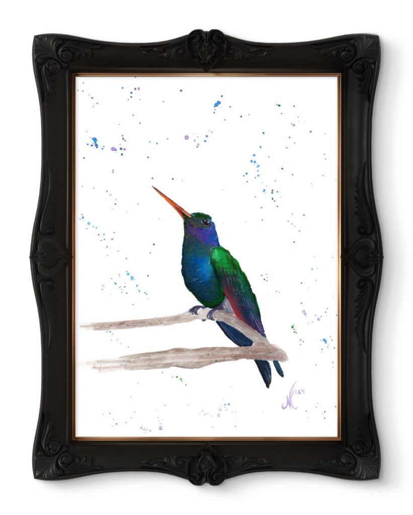 Ink Painting of a Sapphire-bellied Hummingbird