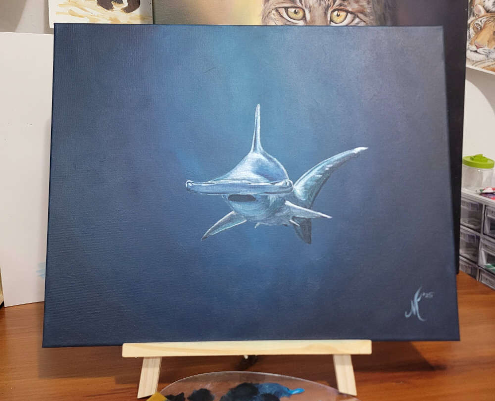 Scalloped Hammerhead: "Crowned Bycatch" - Acrylic on Canvas, 16x20in, 2025
