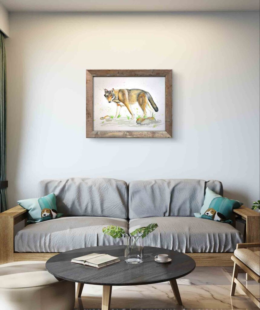 A red wolf artwork hanging above a sofa