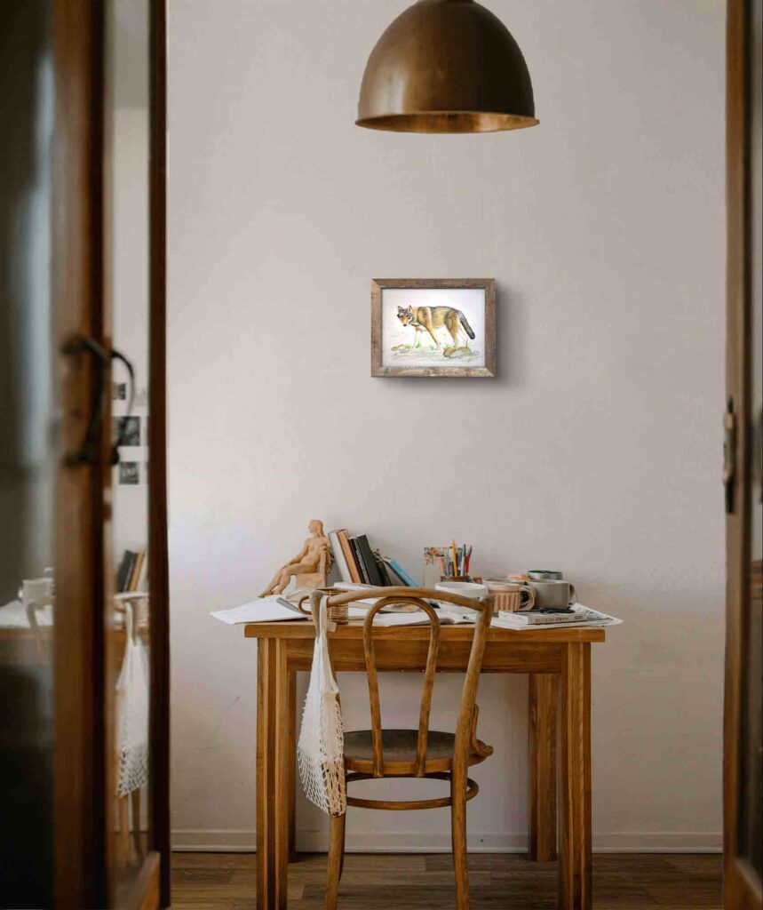 A red wolf artwork hanging above a table