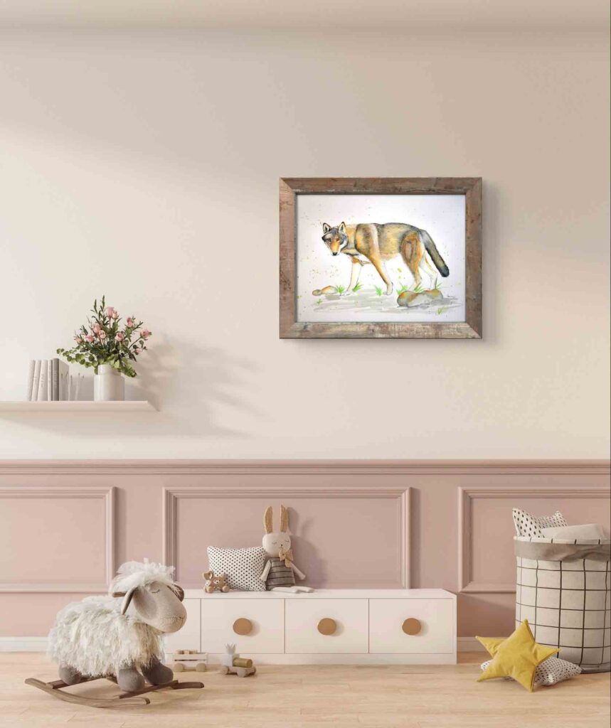 A red wolf artwork in a child's bedroom