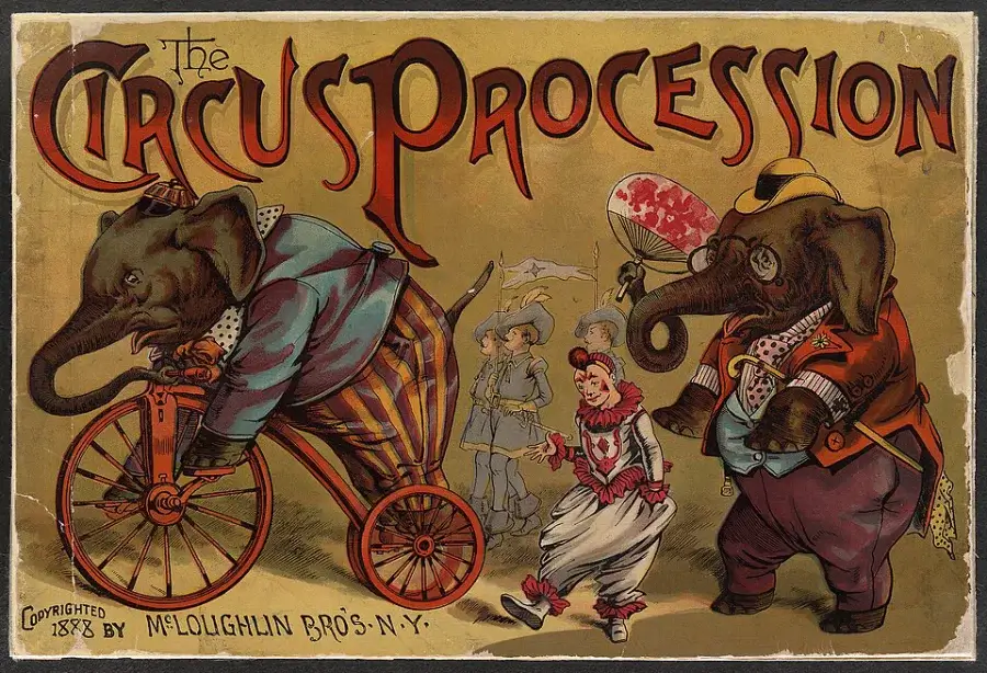 "Circus Procession" 1888 artwork showing two elephants in human clothing, one of whom rides a tricycle, a clown, and 3 uniformed marching men.