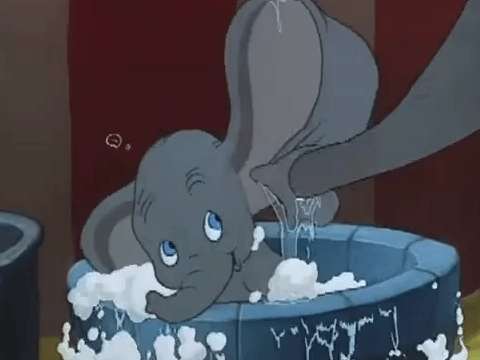 Walt Disney's Dumbo (1941) trailer screenshot of Dumbo bathing.