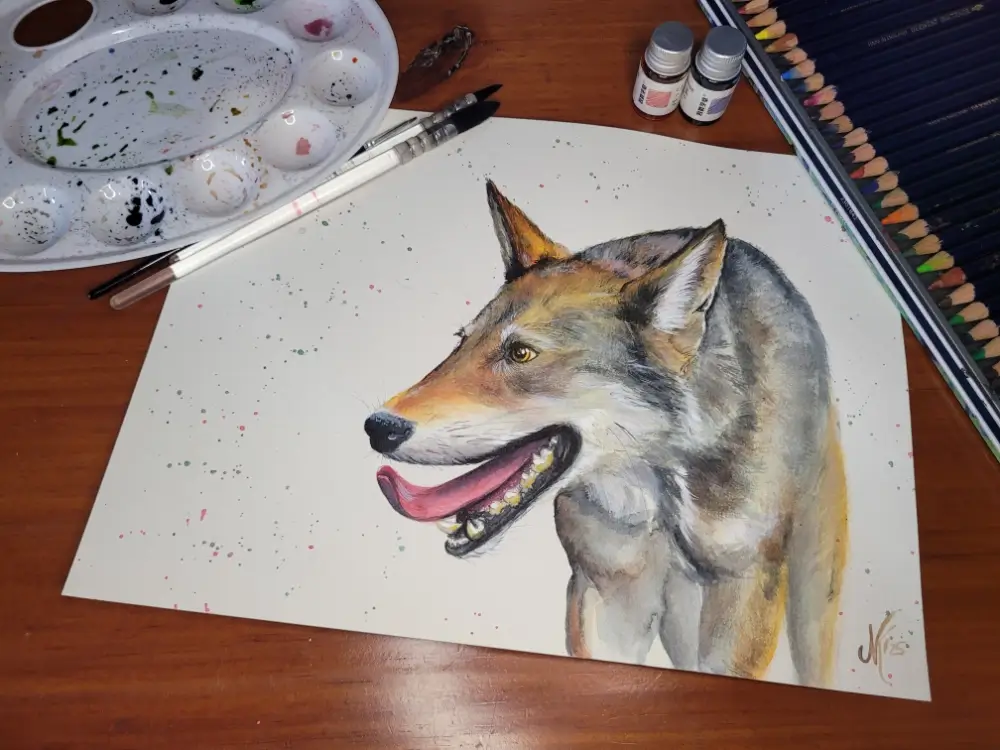 artwork of Red wolf with art materials